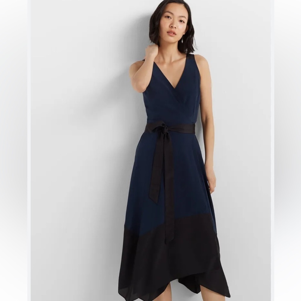 Club Monaco 100% Silk Colorblock Wrap Dress Black Blue Sz 2 Midi Asymmetric $329